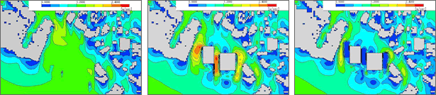 左：建物計画前の風の状況　中央：建物計画後の風の状況　右：対策後の風の状況